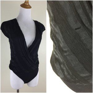 BEBE Silk Textured Low V Short Sleeve Bodysuit